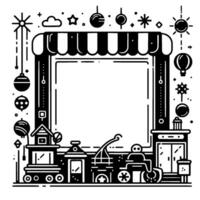 Whimsical Illustrated Frame with Festive Decorations, Shops, and Vehicles. vector