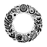 Ornamental circular black floral with flowers, leaves, and dots on a white background, suitable for a frame. vector