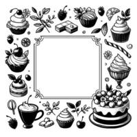 Whimsical monochrome frame with an array of stylized desserts, cupcakes, pastries, and decorations. vector