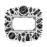 Black and White Candy Frame with Lollipops, Sweets, Gifts, and Floral Elements Bordering a Rectangular Empty Space for Text. vector