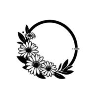 Black and white minimalist floral wreath featuring daisies and leaves arranged in a circle frame on a white background. vector
