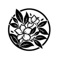 Black White Circular Floral Design Plumeria and Leaf Arrangement Enclosed in a Symmetrical, Minimalist Emblem. vector