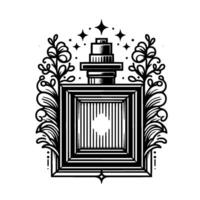 Intricate Black and White TattooStyle Perfume Bottle with Decorative Foliage, Stars, and Geometric Design. vector