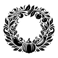 Intricate Black and White Wreath Vegetables, Fruits, and Foliage Create a Circular, Decorative with an Elegant, Minimalist Aesthetic. vector