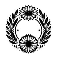 Elegant symmetrical black and white floral wreath with sunflowers, leaves, dots, and empty circle for text, evoking nature and design. vector
