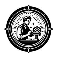 A meticulously crafted circular featuring a skilled man working on a gear mechanism inside a compasslike frame. vector