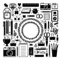 Intricate Illustration of a Collection of Stationery, Clock, Camera, and Decorative Elements, arranged around a central circular frame. vector