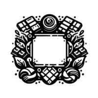 Black and white decorative square frame with chocolates, sweets, leaves, and other elements surrounding a blank space. vector