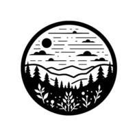 Serene monochrome circular illustration of a stylized landscape featuring a sun, clouds, mountains, evergreen trees, and decorative flora. vector