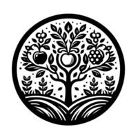 Black and White Circular Emblem of a Stylized Fruit Tree, Featuring Apples, Berries, Leaves, and Ground within a Rounded Border. vector