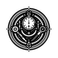 Intricate black and white circular featuring a clock, gears, measuring instruments and geometric patterns, creating a steampunk aesthetic. vector