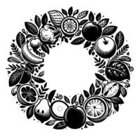 Intricate Black White Fruit Foliage Wreath Apples, Citrus, Bananas, and Leaves Arranged in a Circular, Decorative Composition. vector