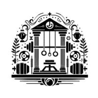 Elegant, symmetrical black and white illustration featuring weightlifting equipment arranged in a stylized, neoclassical templelike with botanical elements. vector