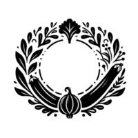 Elegant monochromatic vegetable and leaf wreath design, featuring eggplant, a pumpkin, and leafy accents, creating a circular frame. vector