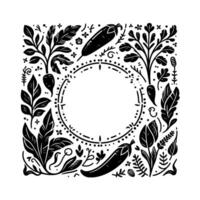 Intricate Black and White Floral and Vegetable Border with Circle Frame, Perfect for Invitations or Announcements. vector