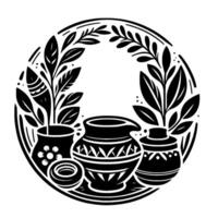 Black and White Circular Illustration of Pottery with Plants and Decorative Elements vector