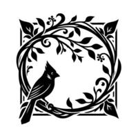 Elegant Silhouette of a Cardinal Perched on a Twig Within a Circular Foliage Frame, Black and White Design. vector