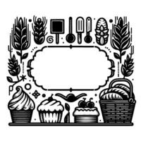 Black and white stylized bakery with wheat, pastries, baking tools, and a central frame for text. vector