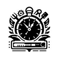Stylized black white with a stopwatch at the center, surrounded by cooking tools leaves, and a temperature gauge below. vector