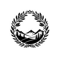 Monochromatic Emblem Laurel Wreath Encircles Mountainous Landscape and Pine Forests in Simple, Black and White Design. vector