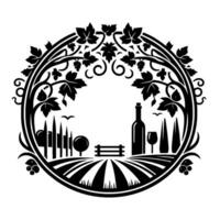 Elegant monochrome vineyard within an ornamental circular frame featuring grape vines, a wine bottle, glass, and a scenic landscape. vector
