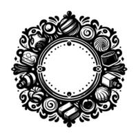 Intricate black and white illustration of a circular, decorative frame filled with sweets and swirls, creating an ornamental design. vector