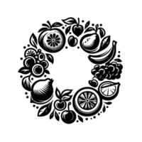 Black and white illustration of a circular fruit wreath, featuring citrus, berries, bananas, and other fruits, offering a clean and healthy aesthetic. vector