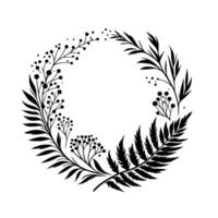 Elegant black and white botanical wreath design, featuring leaves, berries, and delicate sprigs, perfect for invitations or decorative purposes on a stark white background. vector
