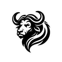 Stylized Black and White Illustration of a Bulls Head with Curved Horns, Flowing Mane, and a Powerful Gaze, Presented on a White Background. vector