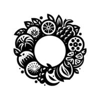 Stylized Black and White Fruit Wreath with Floral and Leafy Accents and a Central Empty Circle for Text or Design. vector