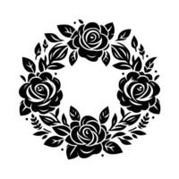 Black and White Rose Wreath Circular floral illustration with stylized roses, leaves, and decorative elements in a symmetrical on a plain white background. vector