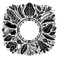 Intricate Monochrome Vegetable Medley A Circular Arrangement of Harvested Produce Framing a Central Empty Space, Perfect for a or Text. vector