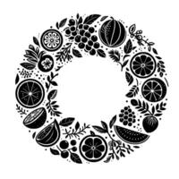 A circular, monochrome illustration of a fruit wreath, featuring citrus slices, berries, watermelon, and foliage elements in a minimalist design, surrounding empty space. vector