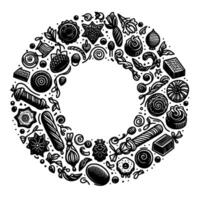 Intricate Black and White Illustration of a Circular Wreath Composed of Various Sweets and Confectionery Elements vector