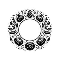 Intricate black and white decorative circular frame, featuring stylized pumpkins, leaves, and ornaments encircling an empty central circle. vector