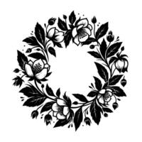 Intricate Black and White Floral Wreath A symmetrical of stylized blossoms, buds, and leaves, forming a circular frame on a clean white background. vector