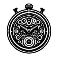 Detailed Black and White Steampunk Stopwatch Design, Featuring Gears and Intricate Internal Mechanisms on a Clean White Background. vector
