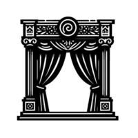 Ornate Black and White Theatrical Stage Frame with Curtain, Architectural Details, and Decorative Elements, Isolated on White. vector