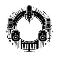 Monochrome music studio with a circular design, featuring microphones, speakers, and a piano keyboard within a frame. vector