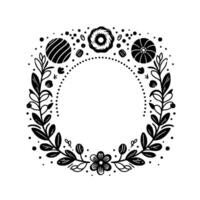 Elegant Black and White Floral and Geometric Elements Forming a Circular Wreath on a White Background. vector