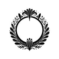Elegant Monochrome Floral Wreath with Leafy Branches, Sprigs, and Detailed Flourishes, Circle Frame, Isolated on White Background vector