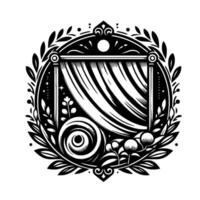 Elegant Black and White Decorative Emblem Curtained Frame Enclosed by Laurel Wreath, Floral Elements, and Geometric Details. vector