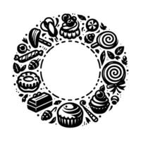 A circular, monochrome illustration of various sweets lollipops, cupcakes, donuts, etc. arranged around a white center, creating a playful border. vector