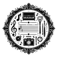 A Monochrome Ornamental Roundel featuring musical instruments, stationery, and a camera, framed by elegant scrolling details and dots. vector