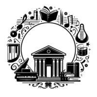 Classical Black and White Composition Librarylike Structure Framed by Musical Instruments and Literary Symbols vector
