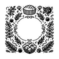 Elegant Black White Illustration of a Decorative Square Frame featuring Floral and Baking Elements, with a Central Oval Space vector
