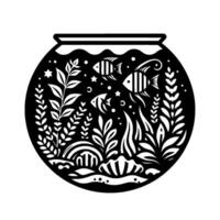 Minimalist Black and White Illustration of a Fishbowl with Aquatic Life, Featuring Fish, Plants, and Shells. vector