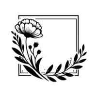 Elegant black and white botanical illustration featuring a stylized flower and foliage framing a square, creating a decorative border. vector