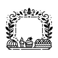 Elegant Minimalist Black and White Illustration Baked Treats Bordered by Botanical Arch, with a Blank Center for Text vector