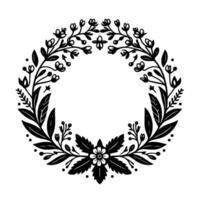 Elegant Black and White Floral Wreath, Circular with Detailed Botanical Elements, Isolated on White Background. vector